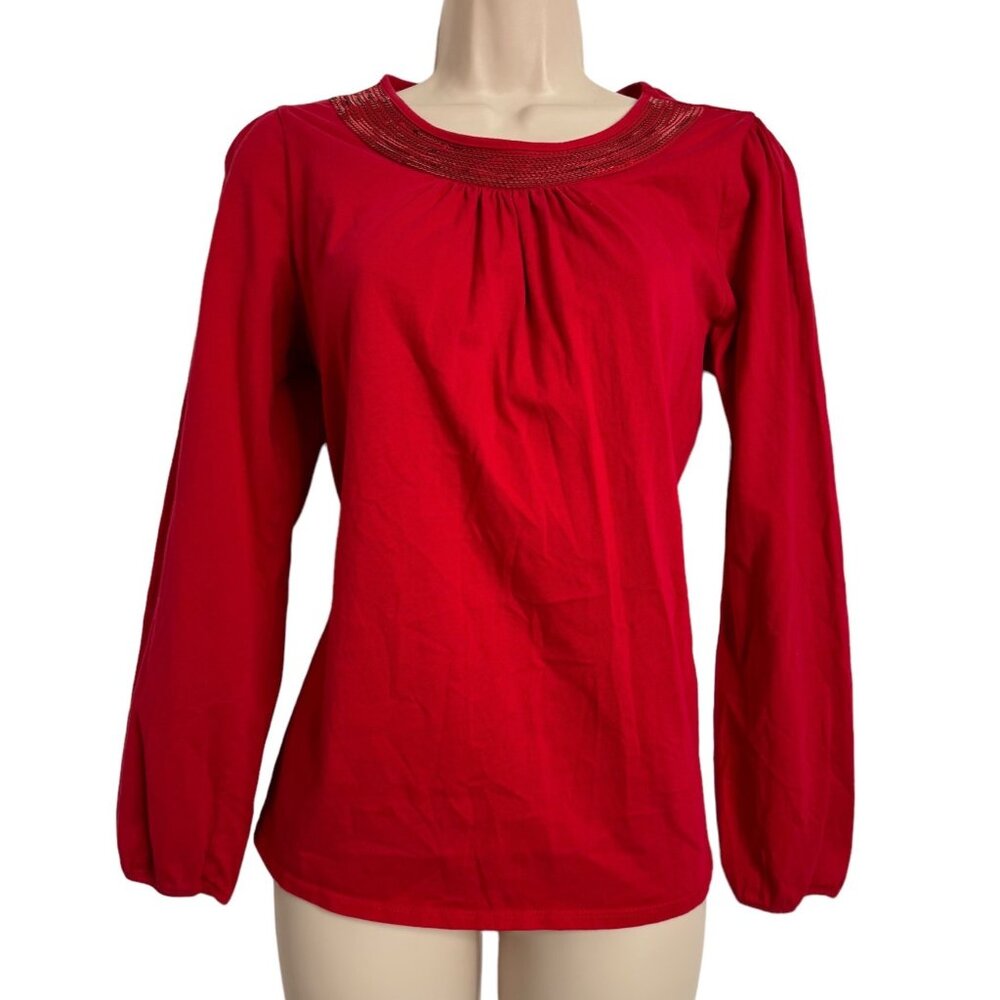 Lands' End Womens XL  Scoop Neck Sequin Red Long Sleeve Cotton Knit  NWOT